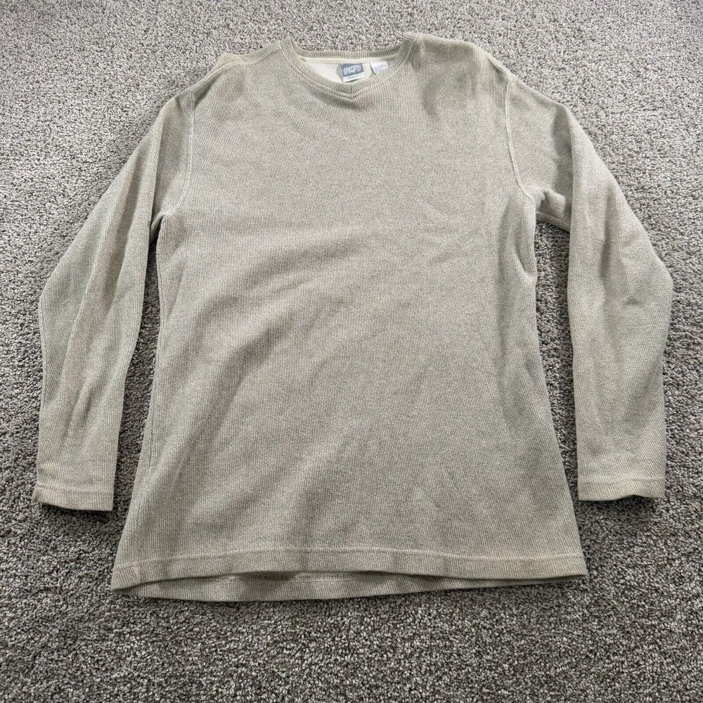 Vintage 90s Utility Sweater Mens Medium Beige V-Neck Sweatshirt Long Sleeve FLAW